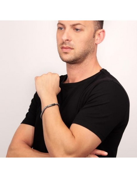 Sector | Bandy | Bracciale uomo in acciaio PVD nero con targhetta e cordino nero | SZV70