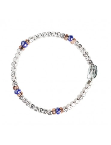 Gerba | Bracciale in filo cerato con murrine blu e inserti in bronzo e argento 925‰ | BRN05